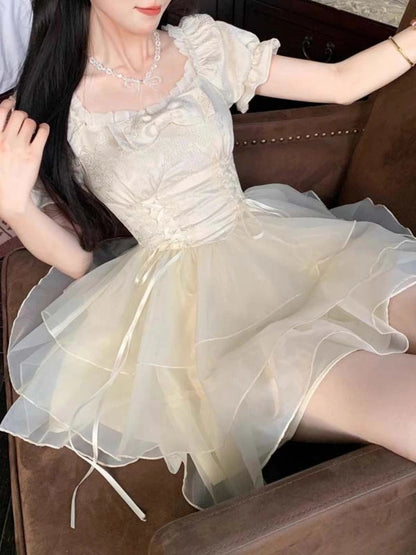 Lolita Kawaii Sweet Y2k Mini Dress Woman Short Sleeve Party Dress Japanese Lolita Korean Dress Summer