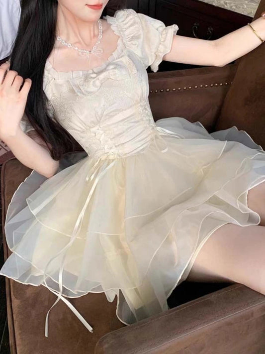 Lolita Kawaii Sweet Y2k Mini Dress Woman Short Sleeve Party Dress Japanese Lolita Korean Dress Summer