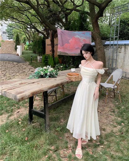 Summer Halter Midi Dress Female Chiffon Square Neck Party One Pieces Dresses French New Vestidos Robe