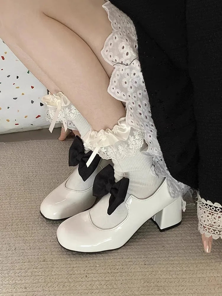 Sweet Round Toe Mary Janes Bow Detail Block Middle Heels Classic Dress Party Summer Shoes