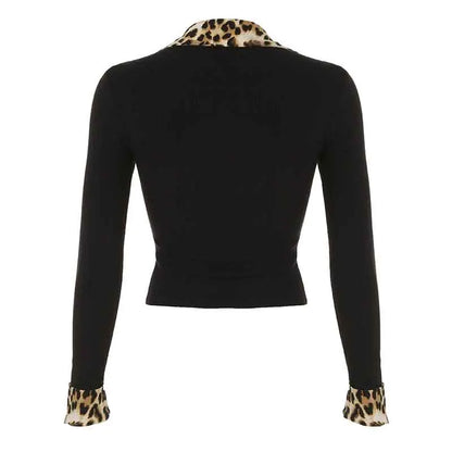 Leopard Up Turn Down Collar Button Long Sleeve Blouses S Autumn New Knitter Basic Top Tees