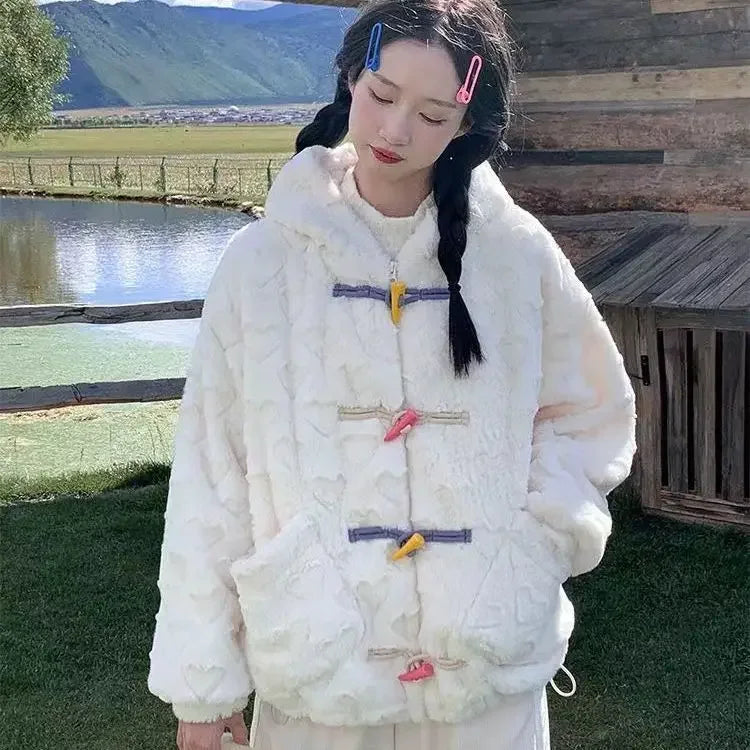 Autumn and Winter New Style Small Fragrance Unique White Plush Coat Hooded Colorful Horn Button Plush Top