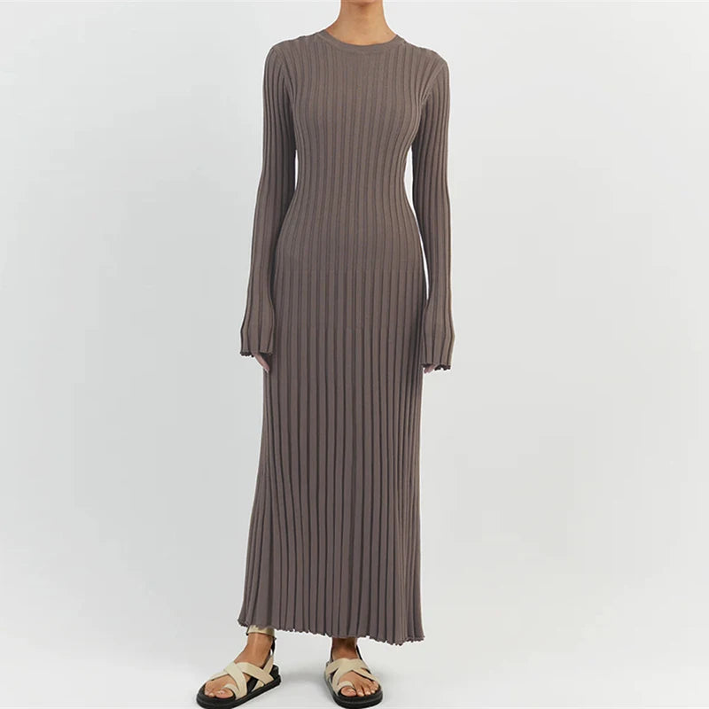 Ribbed Knit Full Sleeve Maxi Dress Crew Neck Bodycon Pencil Long Dress Tie Waist Dress 90s