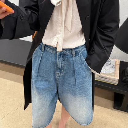 Washed Denim Wide Leg Shorts Summer Loose High Waist Blue Straight Half Pants Female