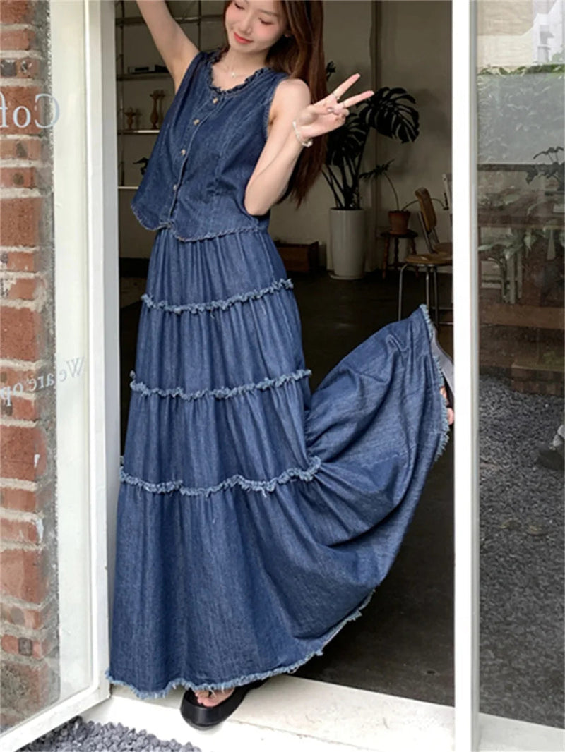 High Street Sweet Ruffles Denim Vest Coats Aline Mopping Suits Slim Loose Summer Skirts Office Lady