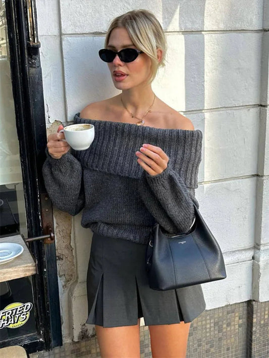 Offshoulder Knit Sweater Pullover for Slim High Street Loose Patchwork Camisola Knitwear Top