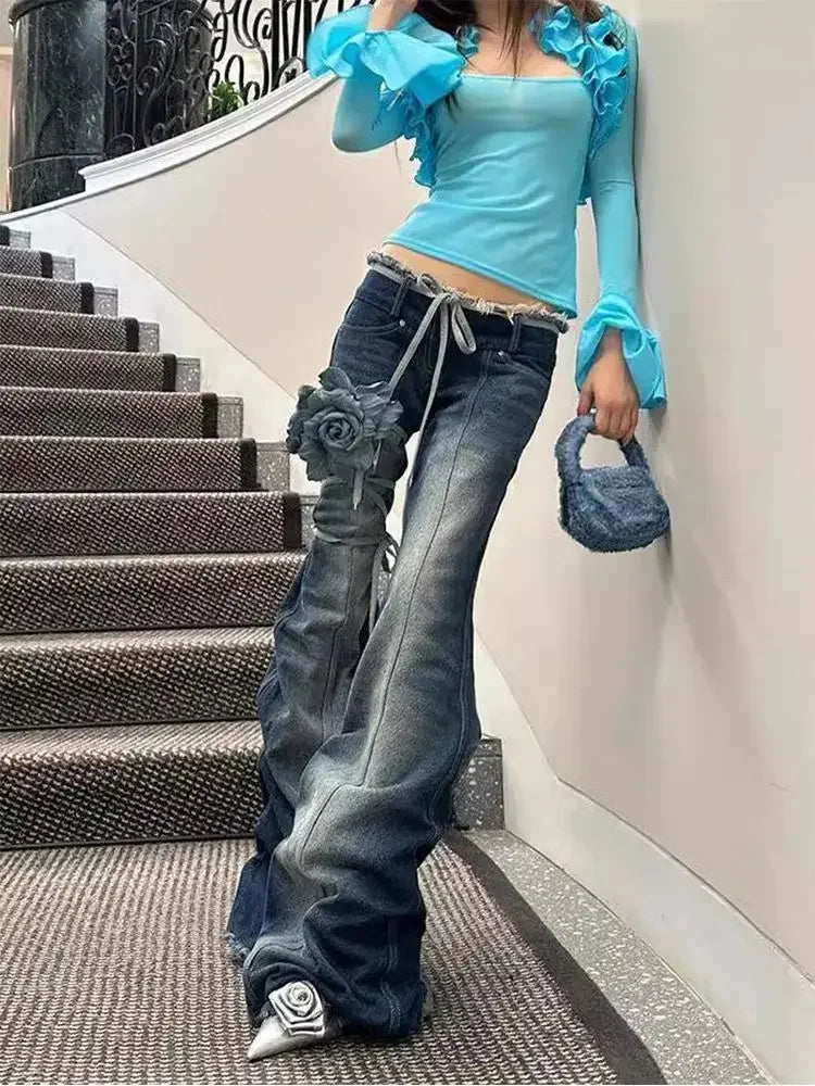 American Retro Pleated Design Slimming Denim Flared Pants for Autumn and Winter New Y2k Spicy Girl Low Waist Jeans