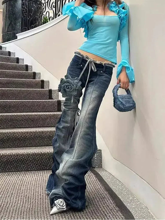 American Retro Pleated Design Slimming Denim Flared Pants for Autumn and Winter New Y2k Spicy Girl Low Waist Jeans