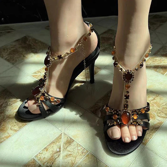 Style Gem Ankle Strap Sandals Silk Open Toe Gladiator High Heels Wedding Prom Shoes Zapatos Mujer