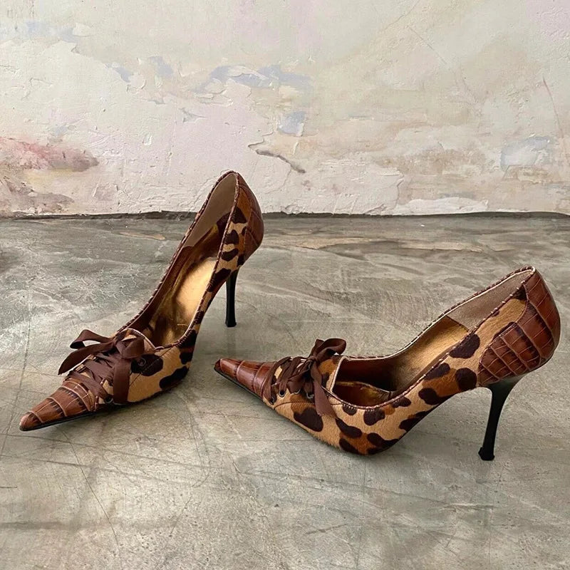 Leopard Print High Heels Pointed Toe Pumps Lace Up Designer Sandal Rhinestone Party Dress Shoes