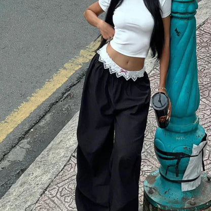 Korean Retro Contrast Color Lace Patchwork Pants Autumn New High Waist Loose All Match Wide Leg Pants