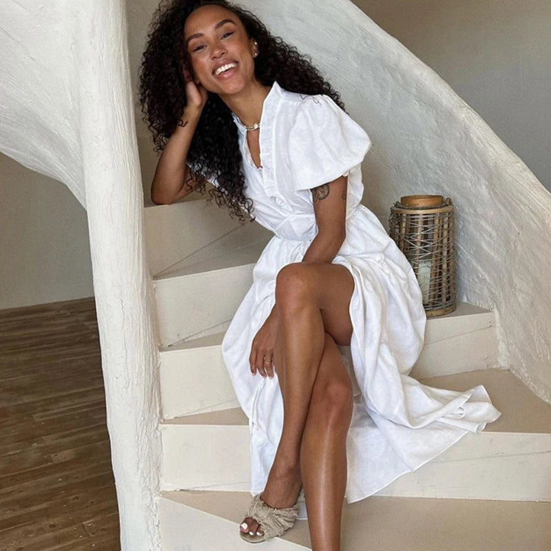 Leisure V-neck Lace Up White Maxi Dress for Color High Waisted Short Sleeves Ruched Patchwork Girdle Dress