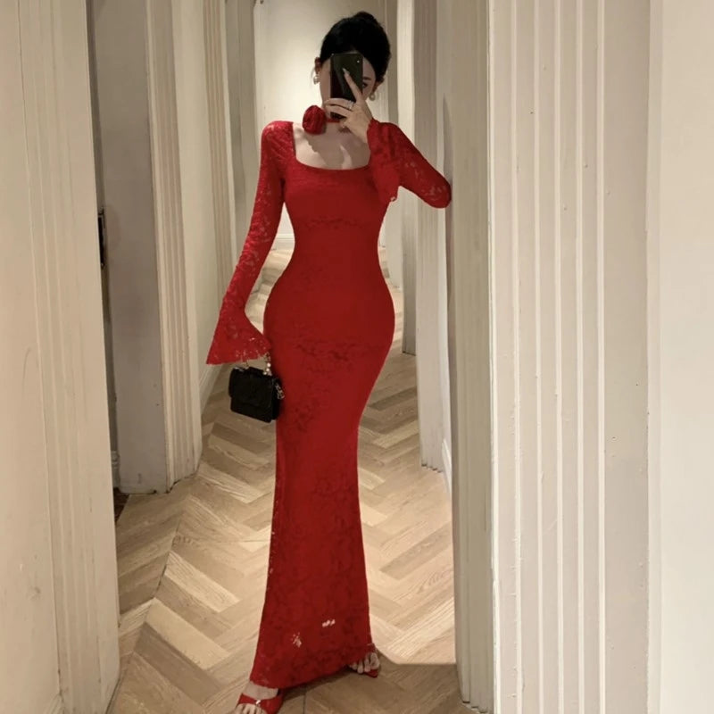 Lace Bodycon Maxi Dresses for Flare Sleeve Square Collar Slim Mermaid Evening Party Dress Fishtail Vestidos Prom Robe