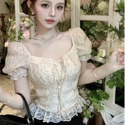 Puff Sleeve Blouses Polka Dot Spring Summer Sweet Korean Shirts Square Neck Retro Blusas Mujer