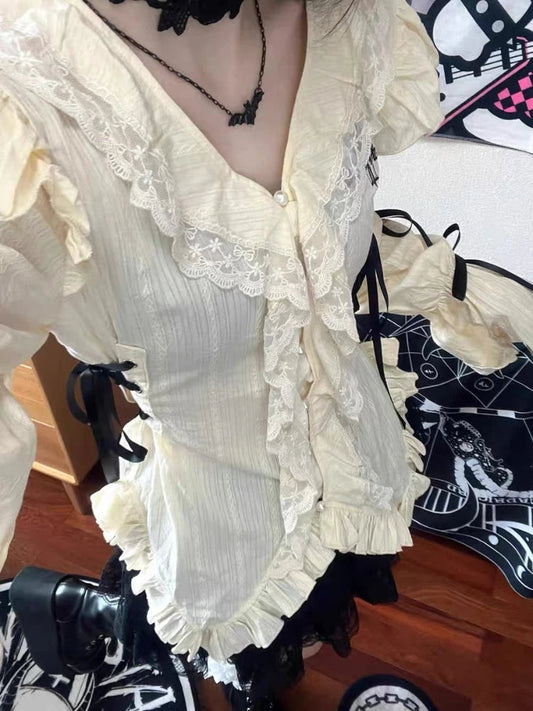 Y2k Aesthetic Lace Shirt Egirl Ruffle Irregular Goth Embroidery Blouses With Bow Fairycore Grunge Lolita Style Clothes
