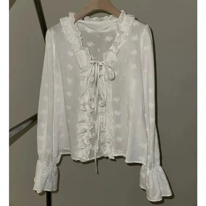 Vneck Ruffled Laceup Loose Longsleeved Shirt Summer New Korean Hollow Color Blouse
