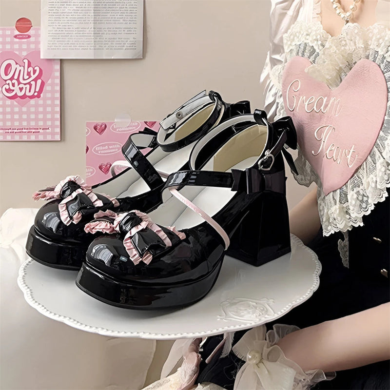 Lolita Bow Bow Decor Pumps Platform Chunky High Heels Ankle Strap Sweet Pumps for Girl Shoes