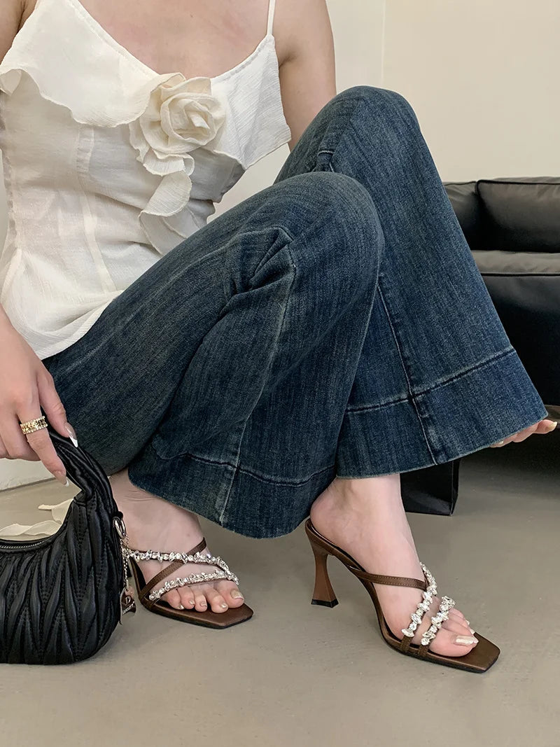 Street Style Crystal Rhinestone Silk Slippers Sandals Open Toe Thin High Heels Stripper Party Slides Shoes