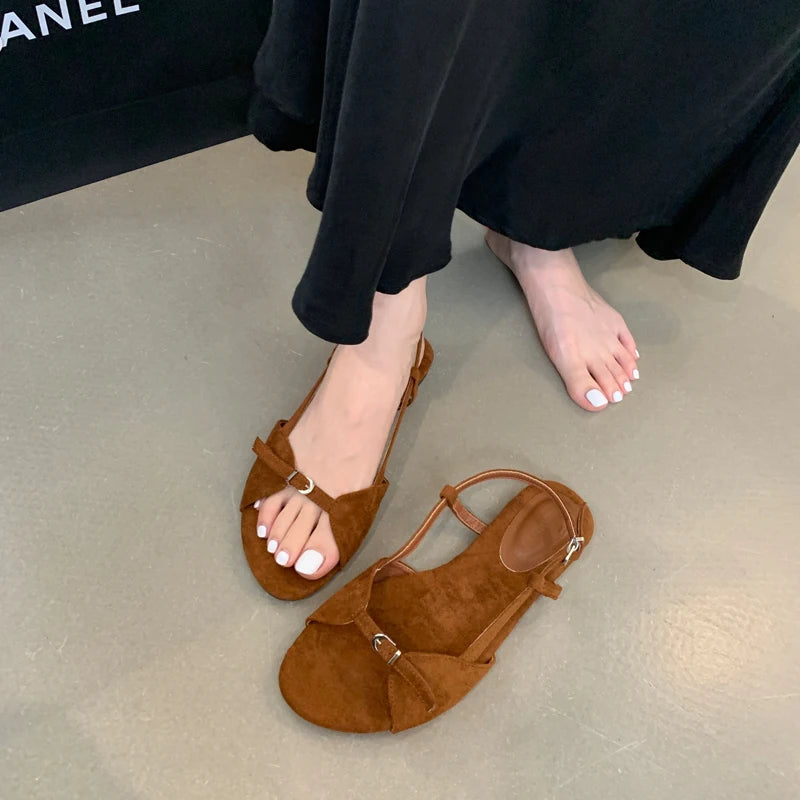 Silver Sandals Flats Brown Belt Buckle Shoes Summer Flats Sandal Comforts Sandalias De Mujer