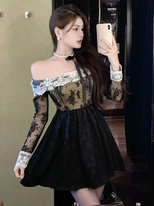 Y2k Sweet Black Mini Dresses for Slash Neck Lace Patchwork Slim Waist Aline Korean Short Vestidos Mujer