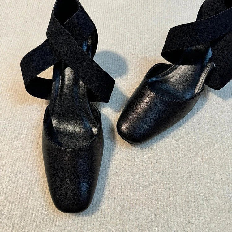 Sshoes Square Toe Thick Middle Heel Cross Elastic Cowhide Color Office Shallow Single Shoes