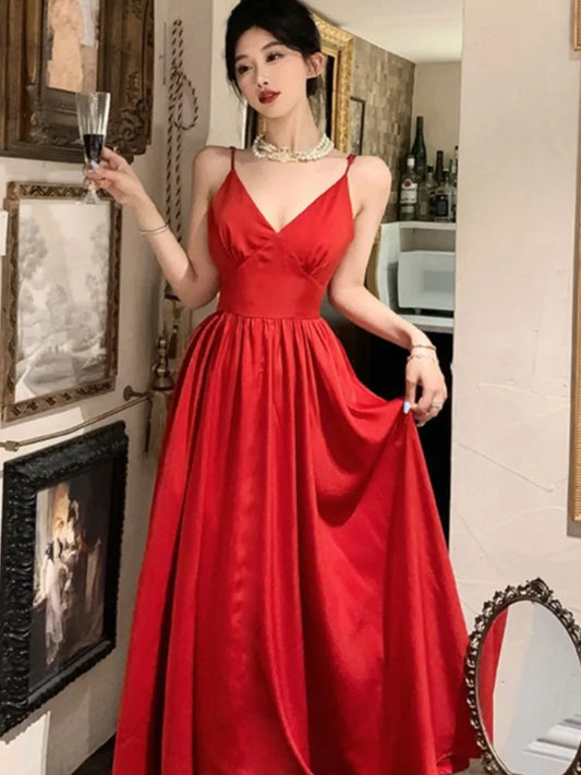 Spaghetti Strap Evening Party Dress V-neck A-line Long Dresses for Wedding Prom Robe One Piece Vestidos