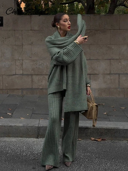 Lazy Loose Knit Burgundy Red Pant Set With Scarf Long Sleeve V-neck Jumper Wide Leg Full-length Pants Suit Lady Outfits