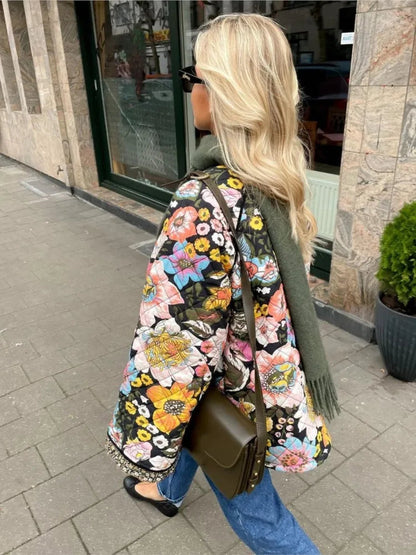 Flower Printed Spliced Coat for Long Sleeve Thick Warm Cotton Jacket Autumn Winter