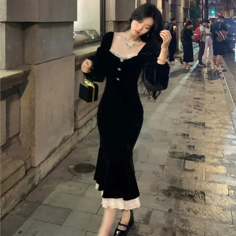 Black Velvet Midi Dresses for Square Collar Slim Bodycon Ruffles Patchwork Fishtail Autumn New Evening Party Dress