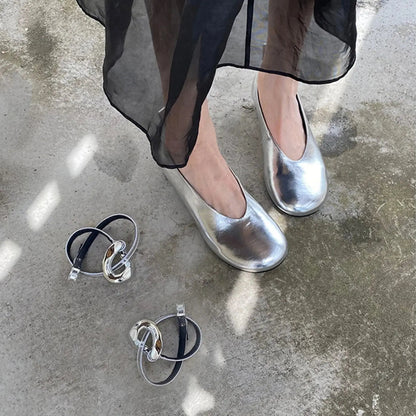 Sandals Mary Jane Flats Dupe Silver Black Gold Big Size Ankle Strap Round Toe Ballerinas Shoes