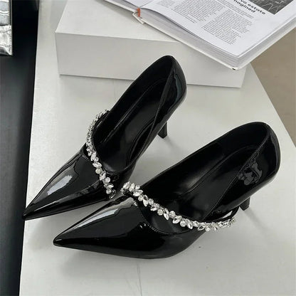 Rhinestone Decoration Pumps Pointed Toe Patent Leather Thin High Heels Party Dress Mules Shoes