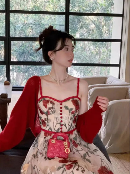 Sweet Hot Girl Suit Autumn Red Longsleeved Cardigan Embroidery Strap Dress Twopiece Set Female Clothes