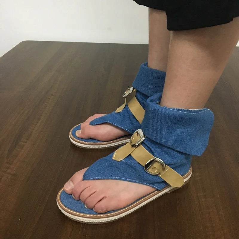 Blue Shoes Buckle Gladiator Sandals Summer Jeans Boots Booties Sandalias Size 43