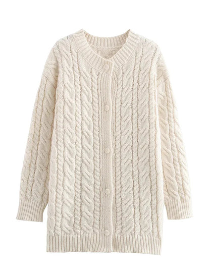 Beige Twist Knitted Cardigan Sweater Buttons Autumn Winter Loose Long Cardigans New Female Sueter Mujer