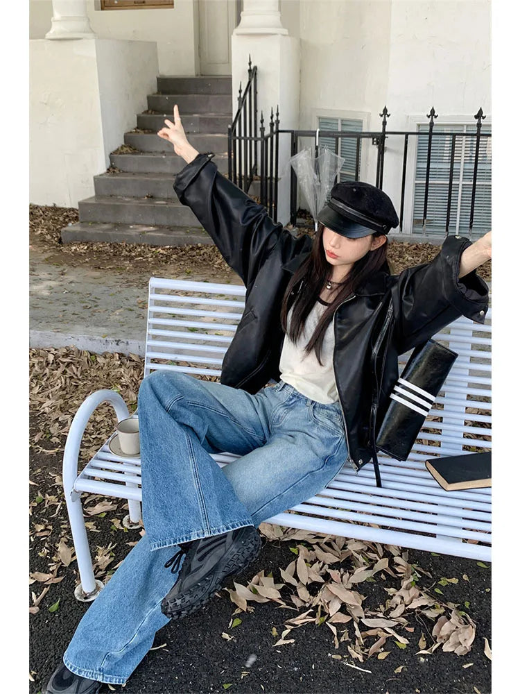 Woman Jeans Preppy Style Denim Korean Pants Trousers Pockets Sweatpants Zipper Cargo Pants Wide Leg Bell Bottoms