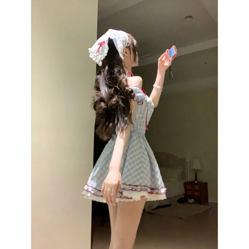 Japanese Kawaii Sweet Short Party Dress Sleeve Y2k Plaid Mini Dress Female Lolita Clothing Outfits