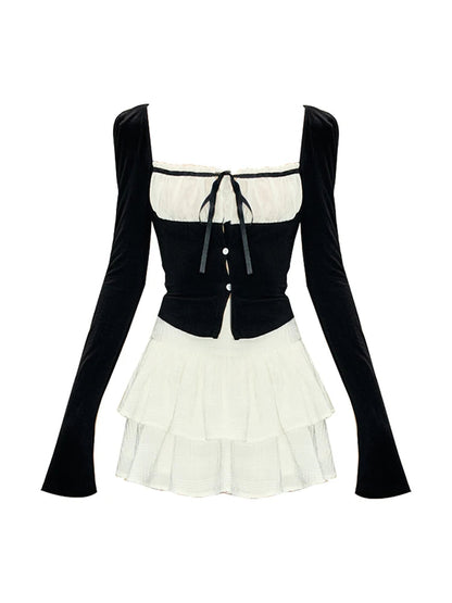 Korean Y2k Outfits 2 Piece Set Long Sleeve Square Collar Gyaru Tops + Tide Mini Tierred Ruffles Skirts
