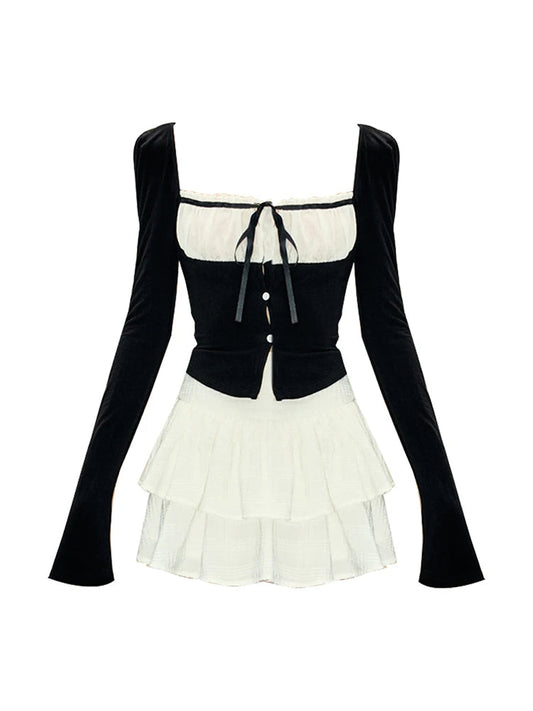 Korean Y2k Outfits 2 Piece Set Long Sleeve Square Collar Gyaru Tops + Tide Mini Tierred Ruffles Skirts