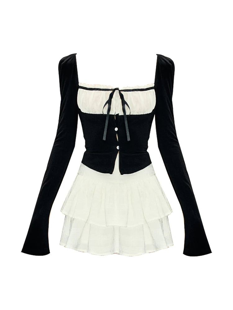 Korean Y2k Outfits 2 Piece Set Long Sleeve Square Collar Gyaru Tops + Tide Mini Tierred Ruffles Skirts