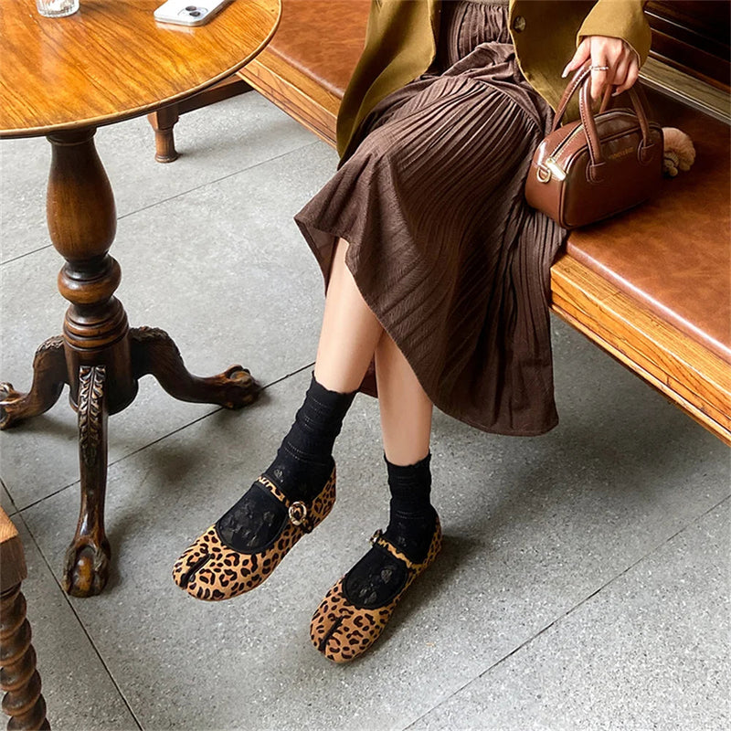 Mary Jane Genuine Leather Shoes Hand Stitch Ballet Flats Leopard Red Shoes Loafers