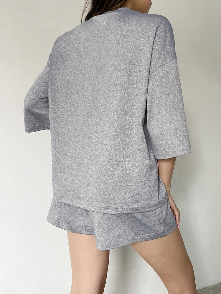 Gray O Neck Loose Basic Half Sleeve T Shirt and Shorts 2 Pieces Sets Leisure Homewear
