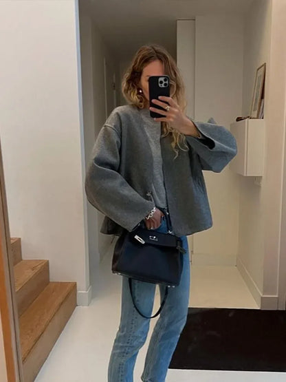 One Button Woolen Coat Gray Loose Long Sleeve V-neck Short Jacket Female Autumn Winter Lady New in Outwears