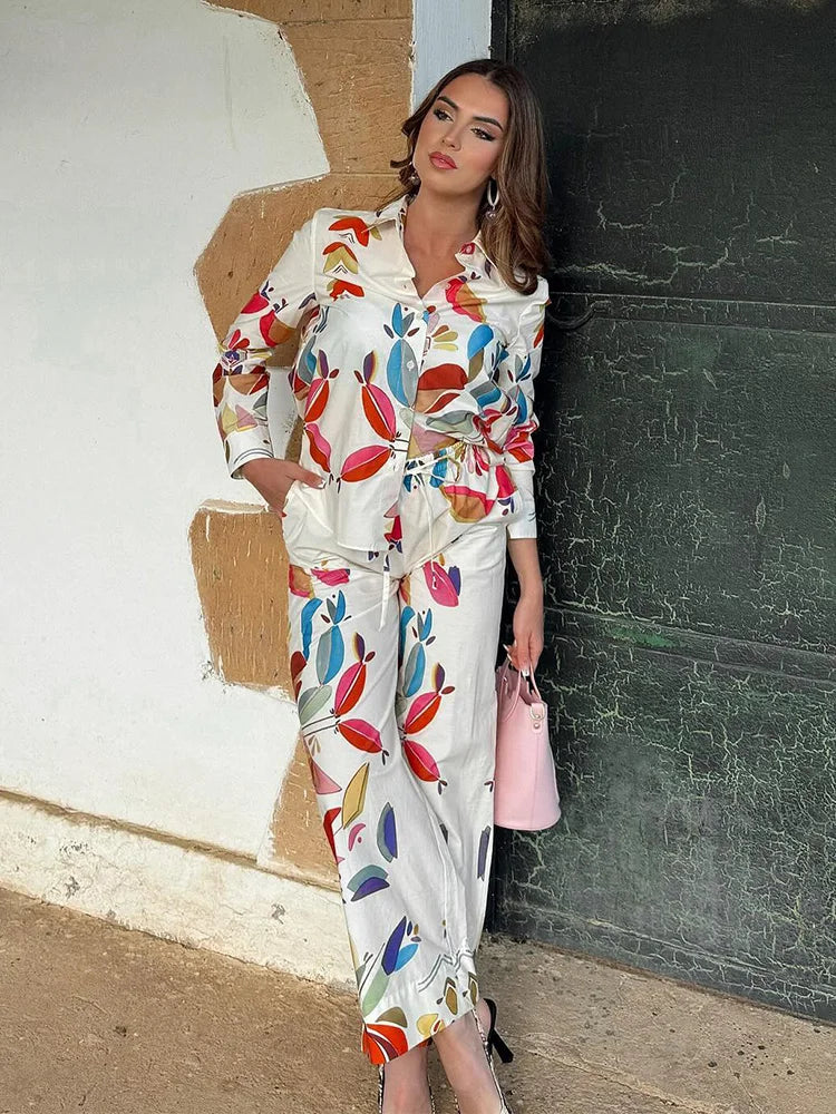 Spring Suit Printed Lapel Long Sleeves Single Breasted Shirts Female Elastic Waist Wide Leg Pants