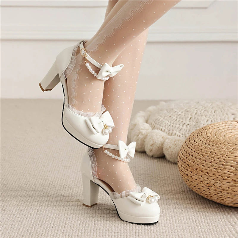 Ankle Strap Twopiece Lolita Pump Round Toe Platform Kawaii Thick High Heel Bow Buckle Bead Cosplay Shoes Autumn