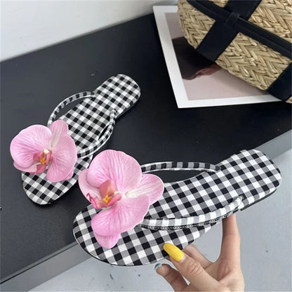 Summer Design Flower Geometric Clip Toe Low Flat Heels Slippers Flip Flops Party Shoes
