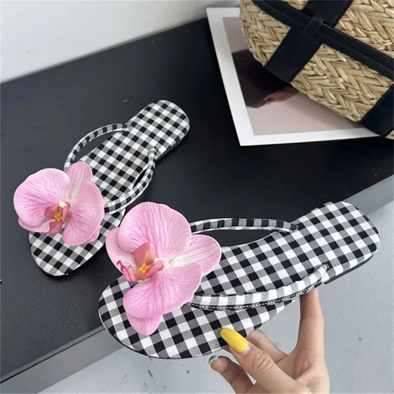 Summer Design Flower Geometric Clip Toe Low Flat Heels Slippers Flip Flops Party Shoes