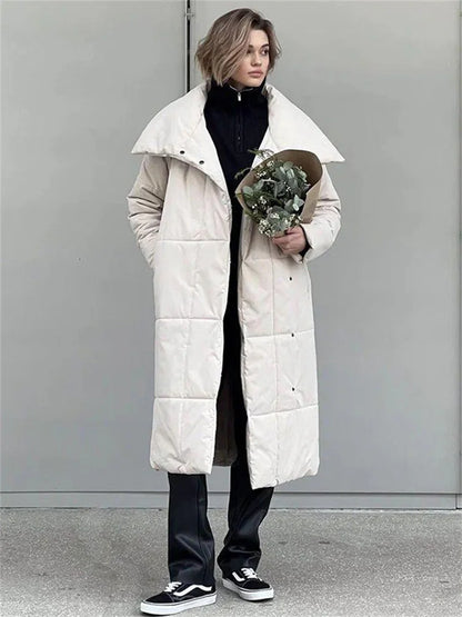Winter Female Parkas Outwear Loose Lace-up High Waist Long Sleeve Pocket Lapel Bandage Coat for Parkas