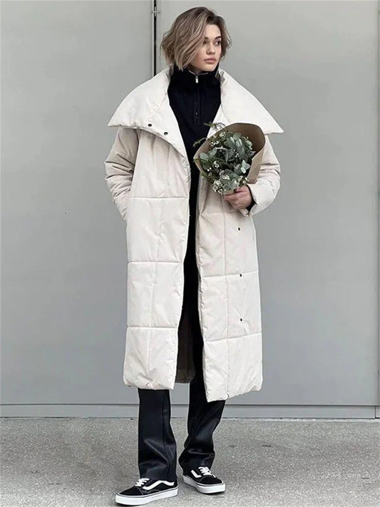 Winter Female Parkas Outwear Loose Lace-up High Waist Long Sleeve Pocket Lapel Bandage Coat for Parkas