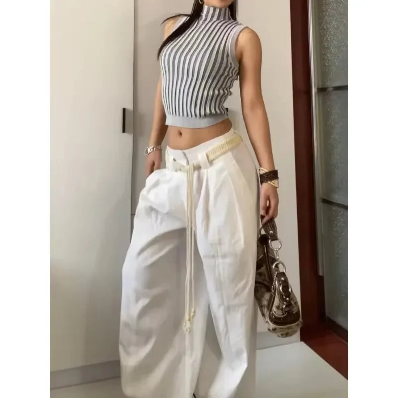 American Retro Pleated Draping White Pants Autumn New Loose Allmatch Wide Leg Pants With Belt