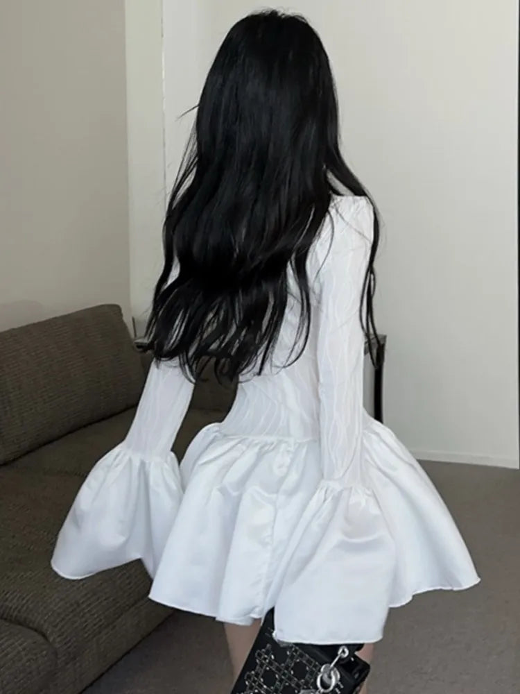 Y2k Sweet White Dresses Flare Long Sleeves Princess Ruffle Party Mini Dress Ball Gown Female Clothing New